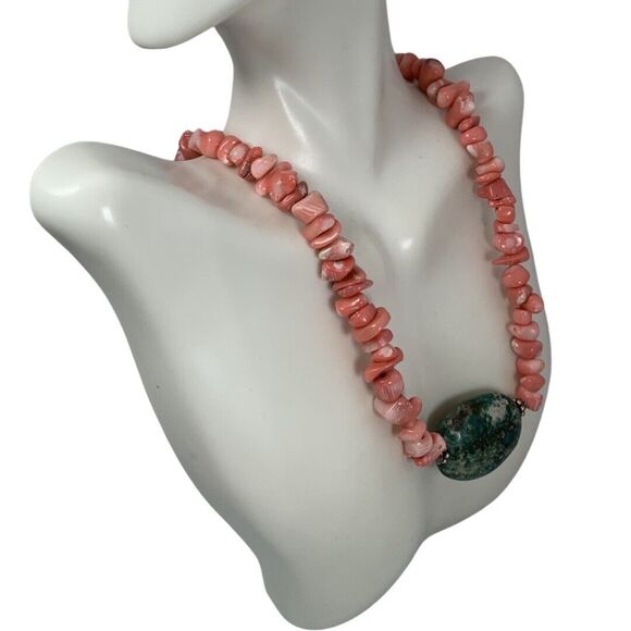 Pink Coral Chunky Turquoise Pendant Necklace 19" 925 Sterling Silver Boho - Picture 11 of 16